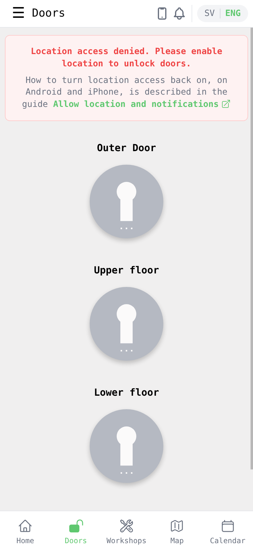 The Doors page when location access has been denied