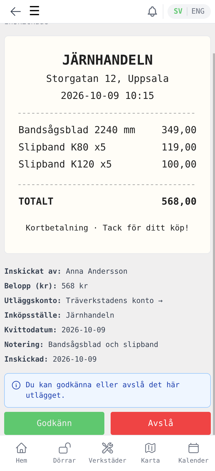 Ett utlägg att granska, med knapparna Godkänn och Avslå