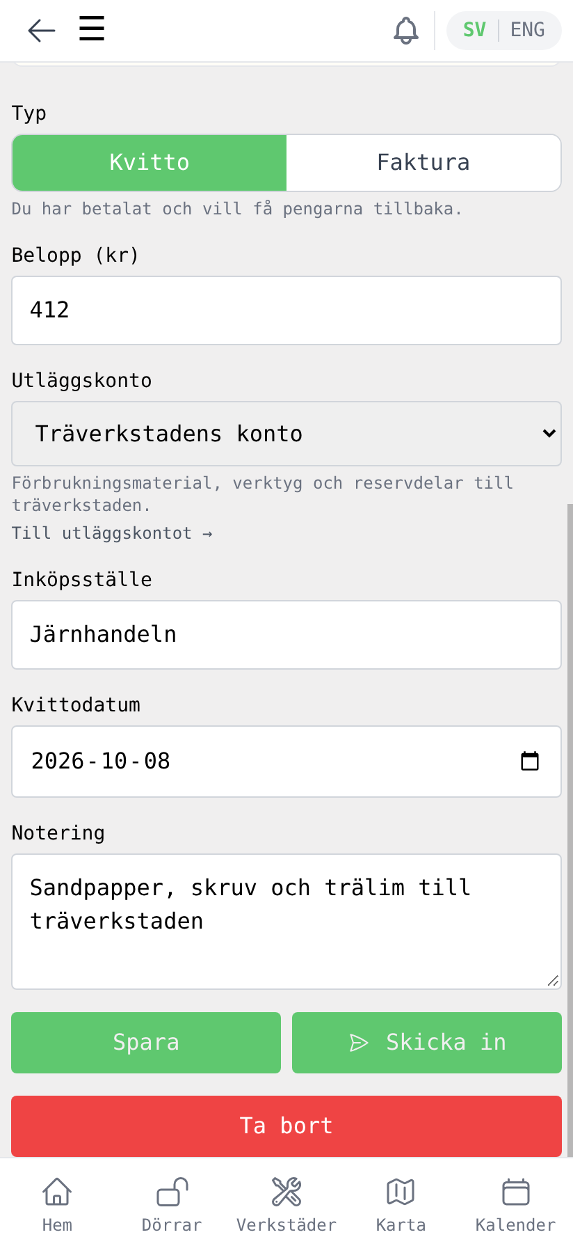 Formuläret ifyllt för ett kvitto