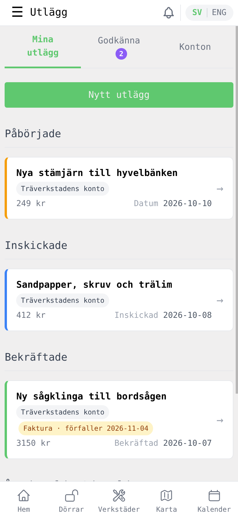 Mina utlägg med utlägg i olika statusar