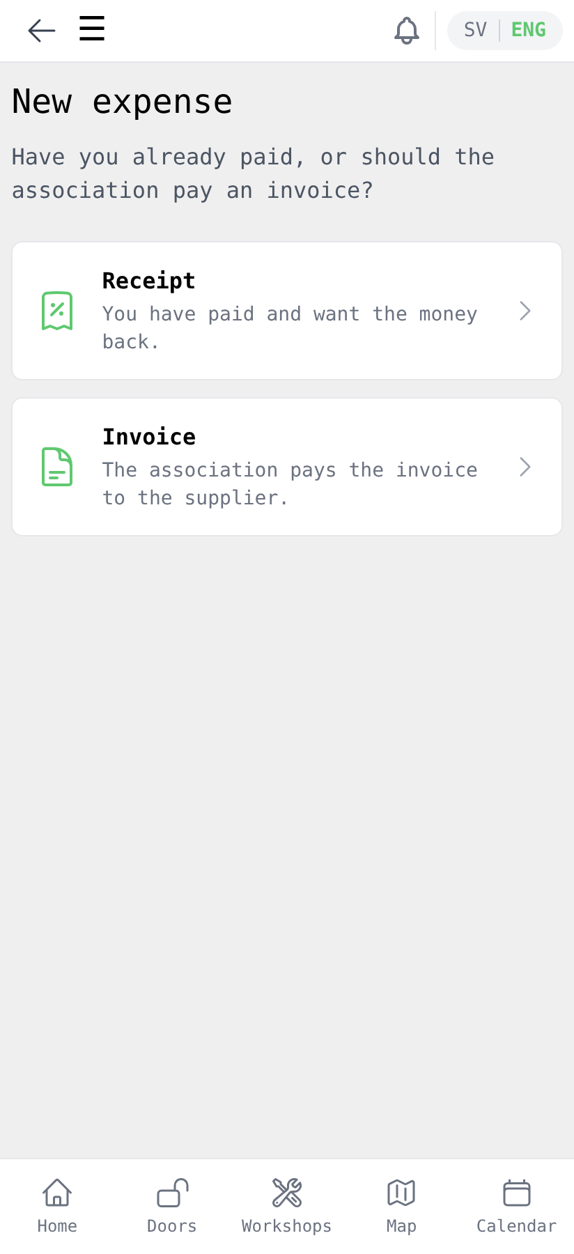New expense with the Receipt and Invoice choices