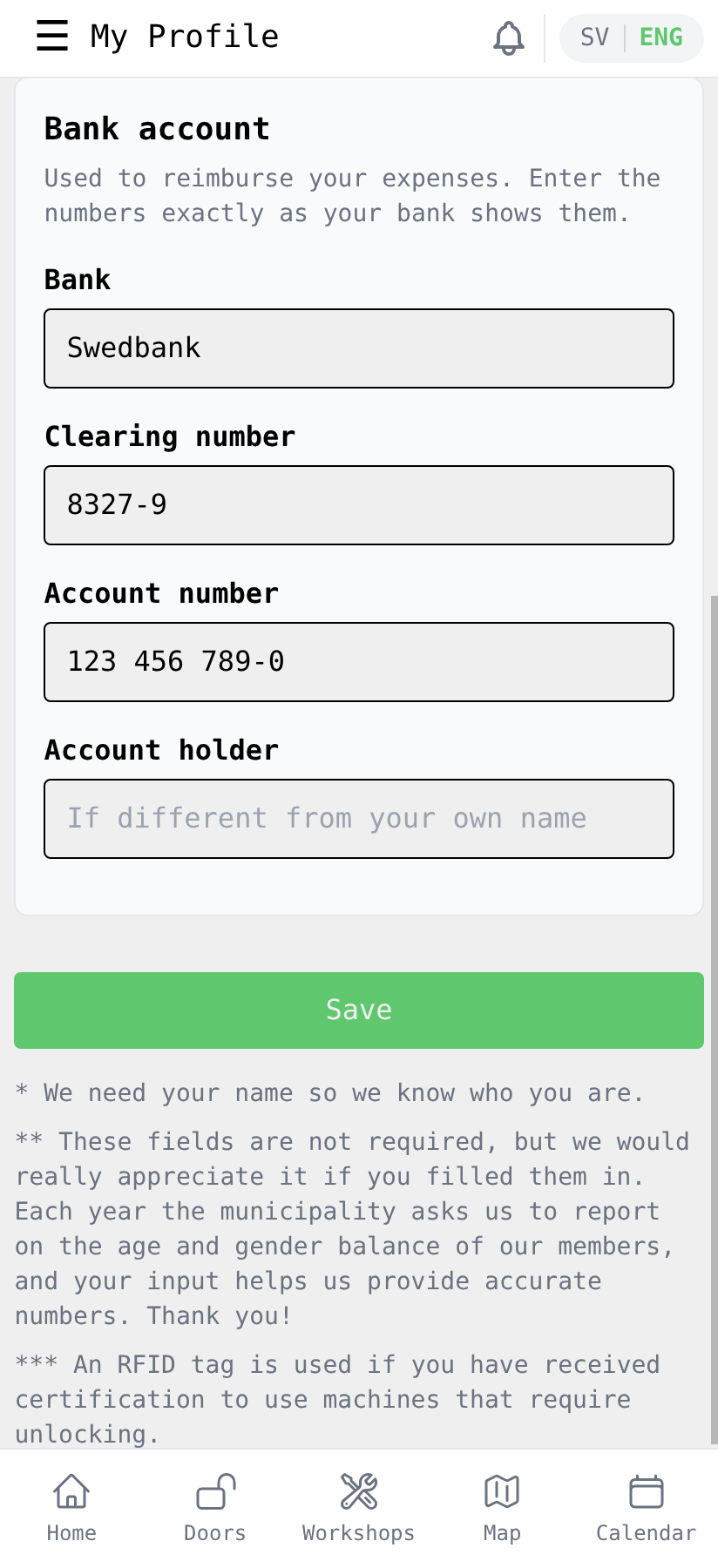 My Profile with the Bank account section filled in