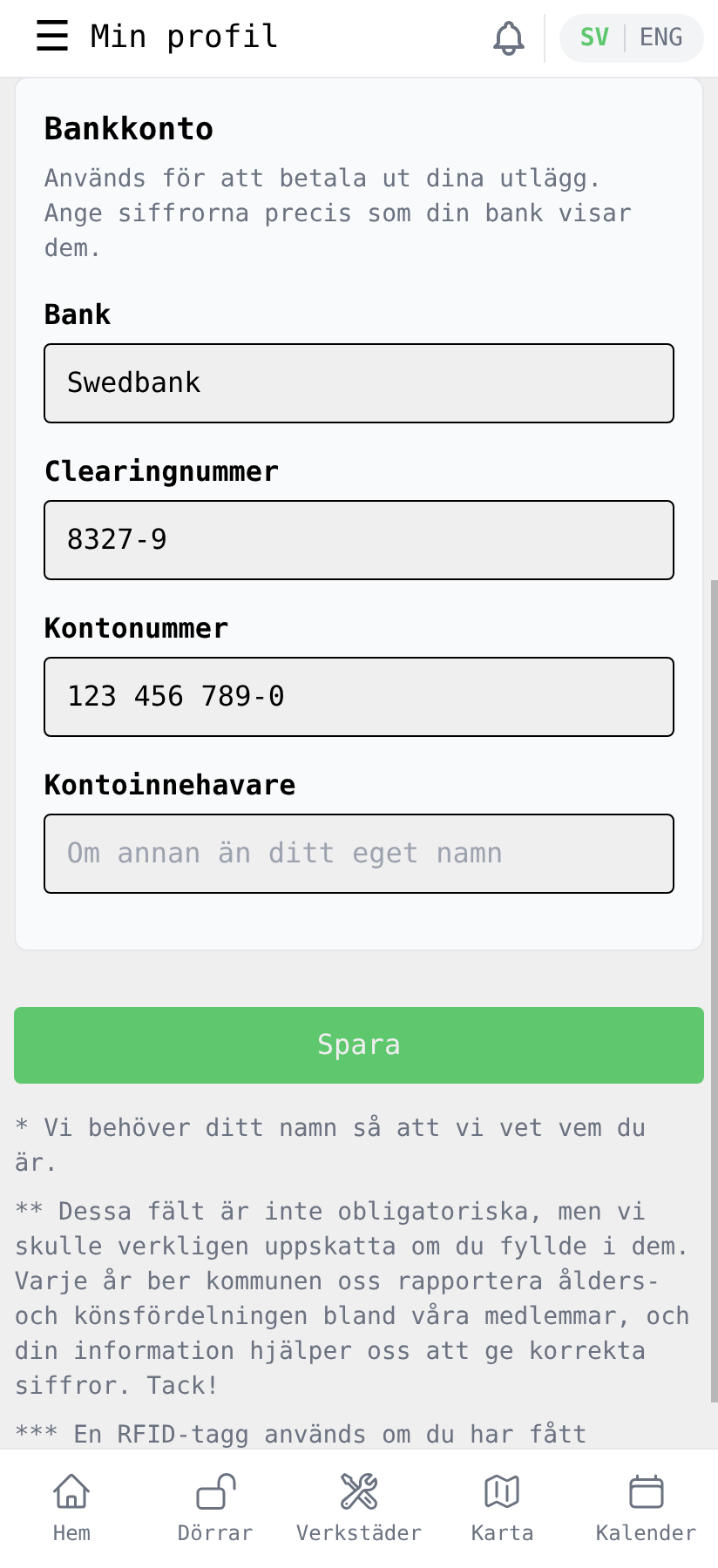 Min profil med avsnittet Bankkonto ifyllt