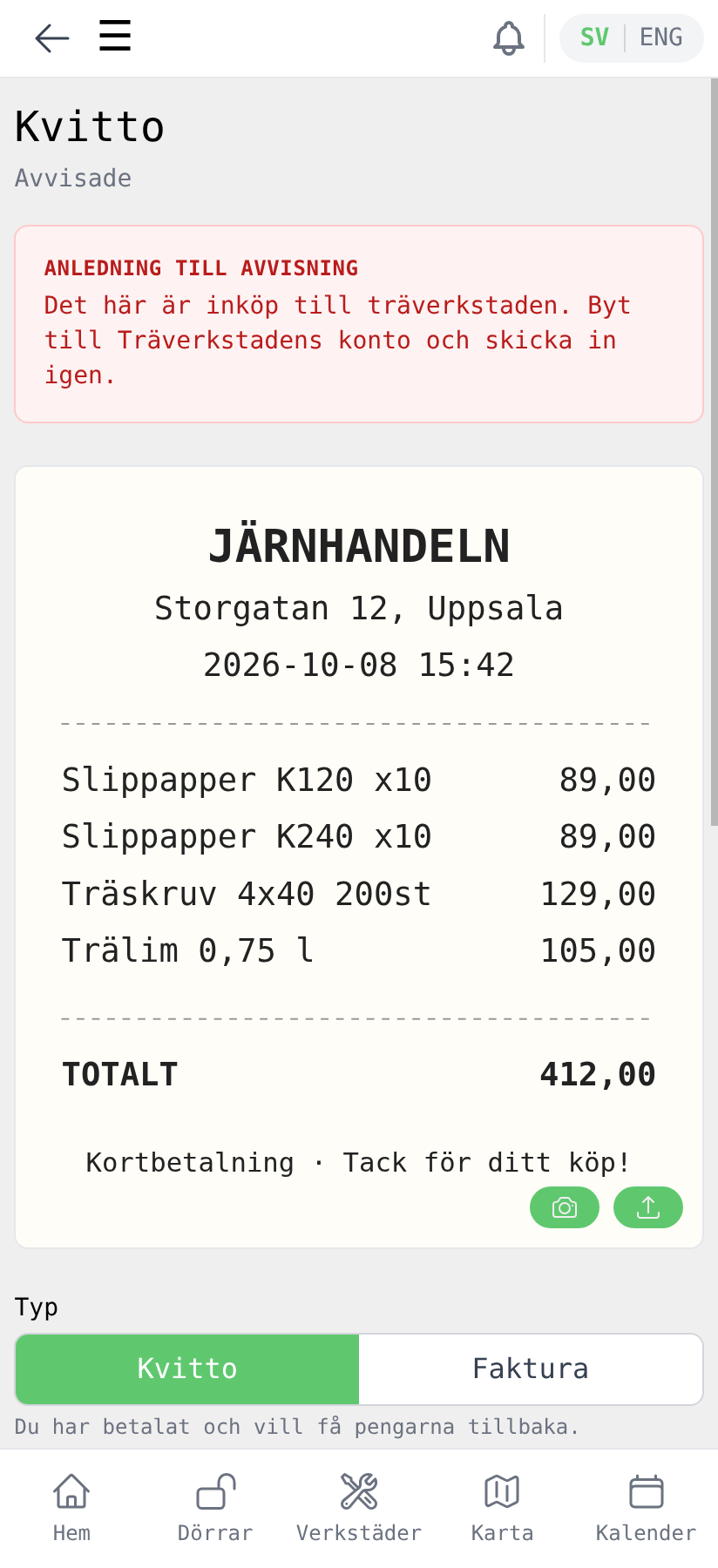 Ett avvisat utlägg med anledningen överst
