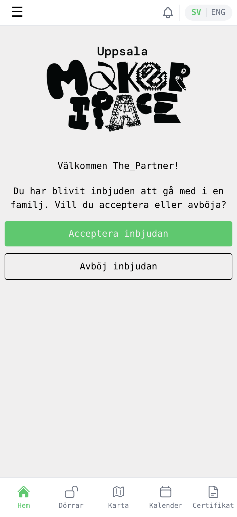 Välkomstsidan för familjeinbjudan