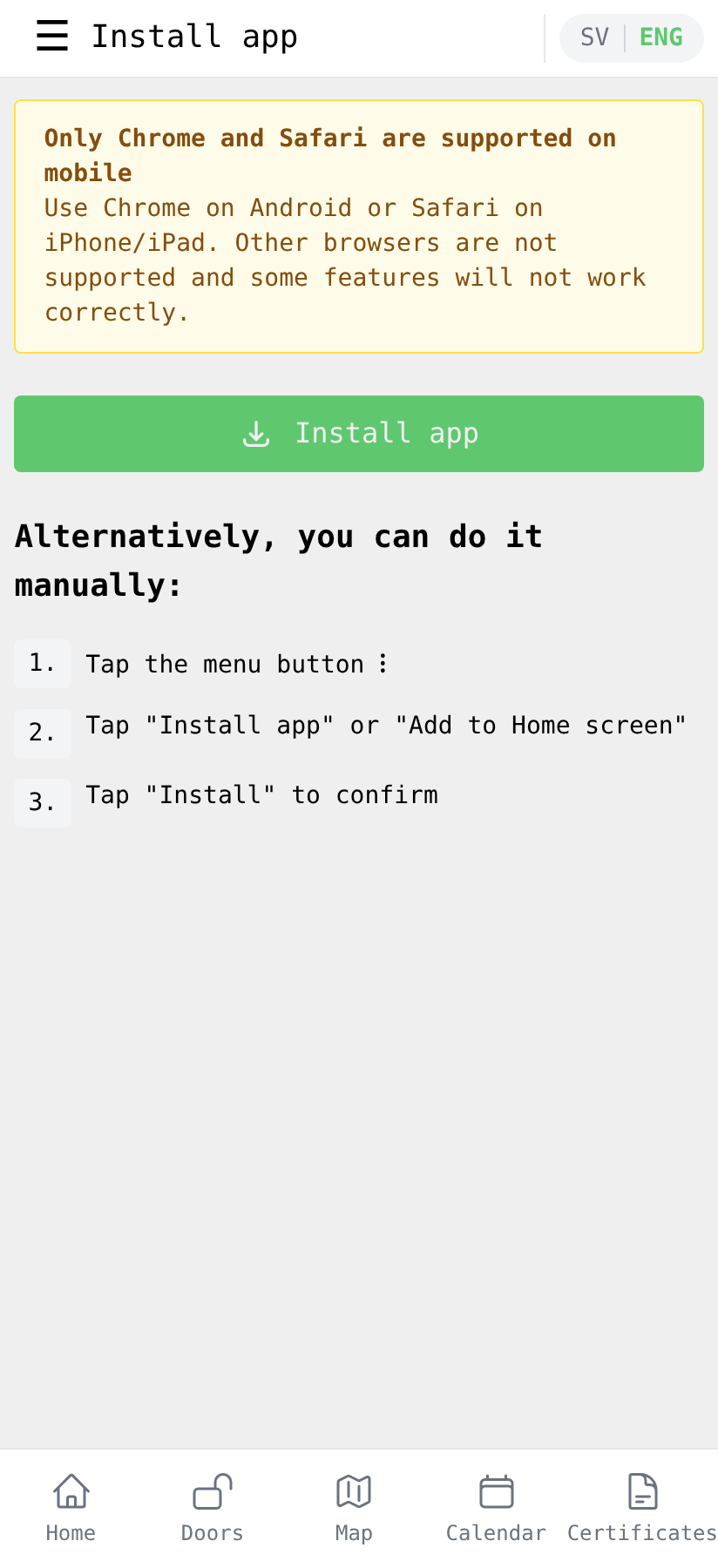Install page on Android with the install button