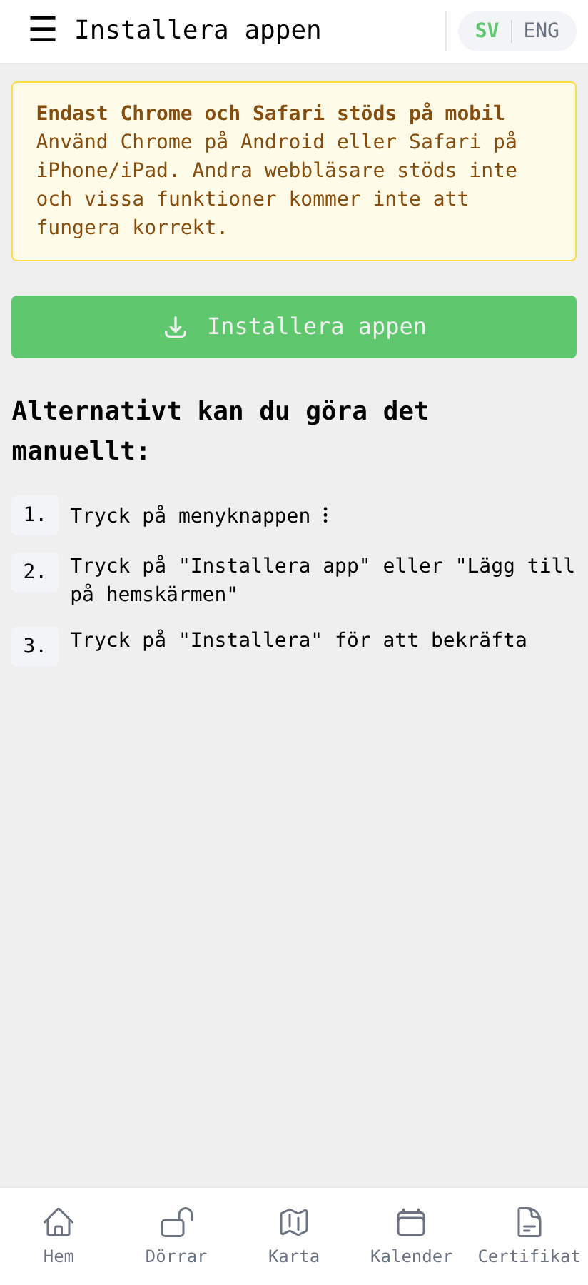 Installera-sidan på Android med installera-knappen