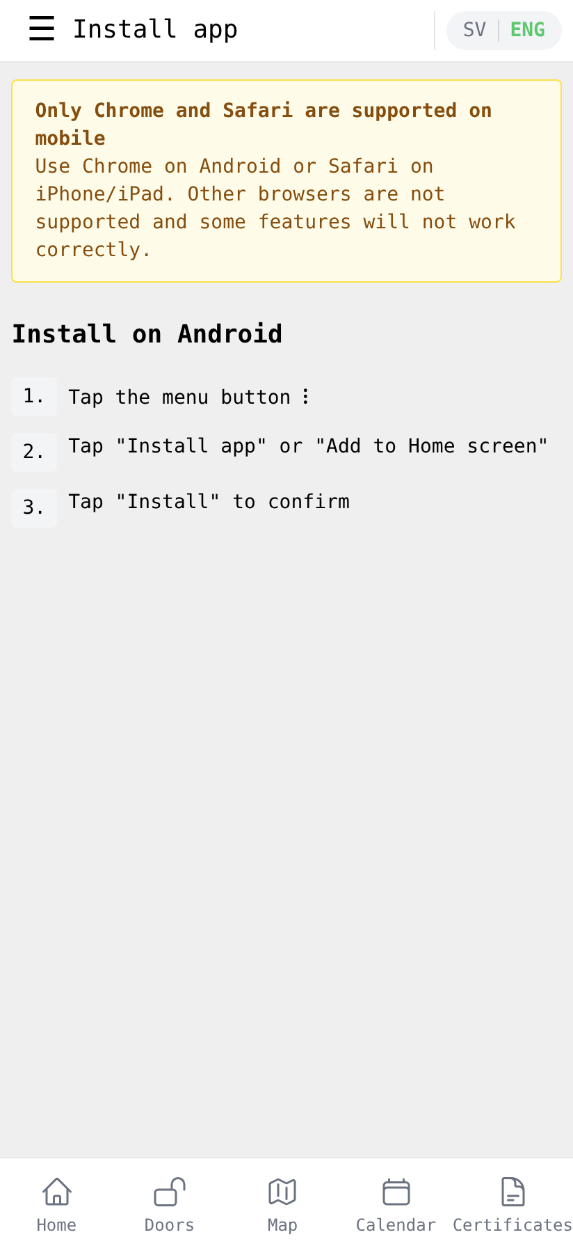 Install page on Android with manual three-step instructions