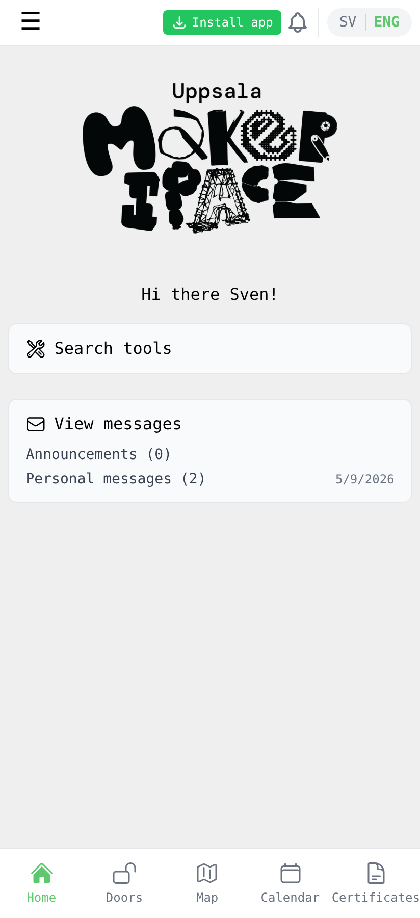 Home screen with the green "Install app" button in the top bar