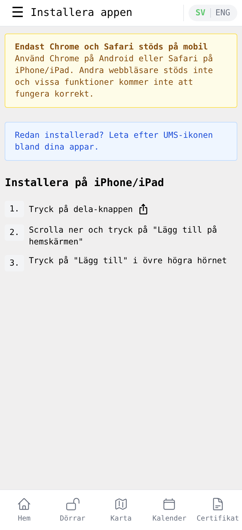 Installera-sidan på iPhone