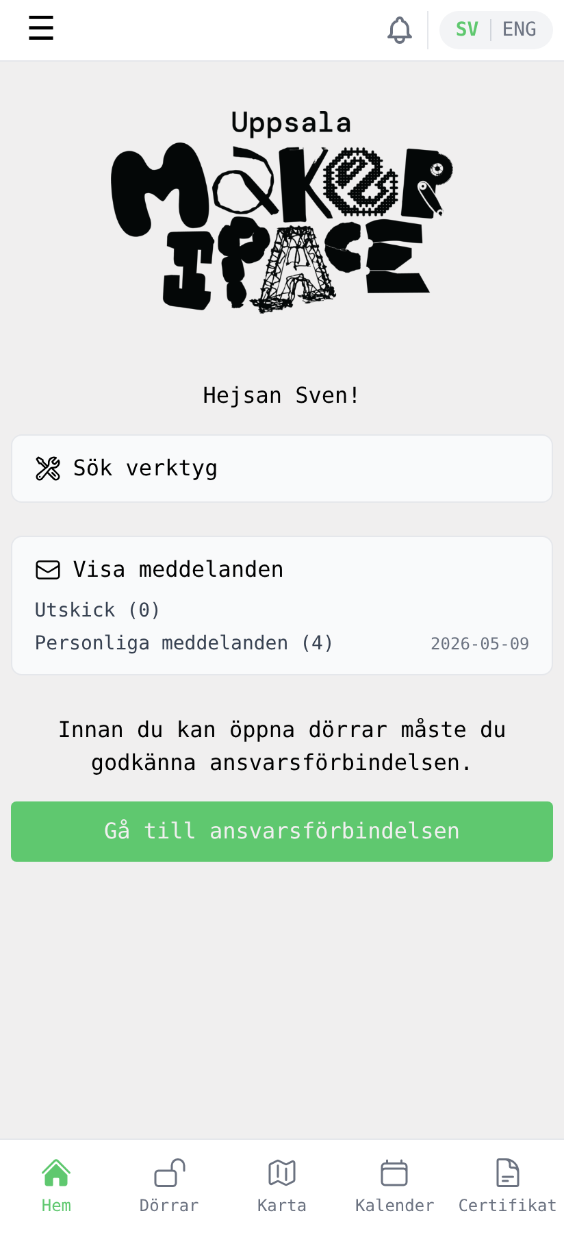 Hemsidan, ansvarsförbindelsen ej godkänd
