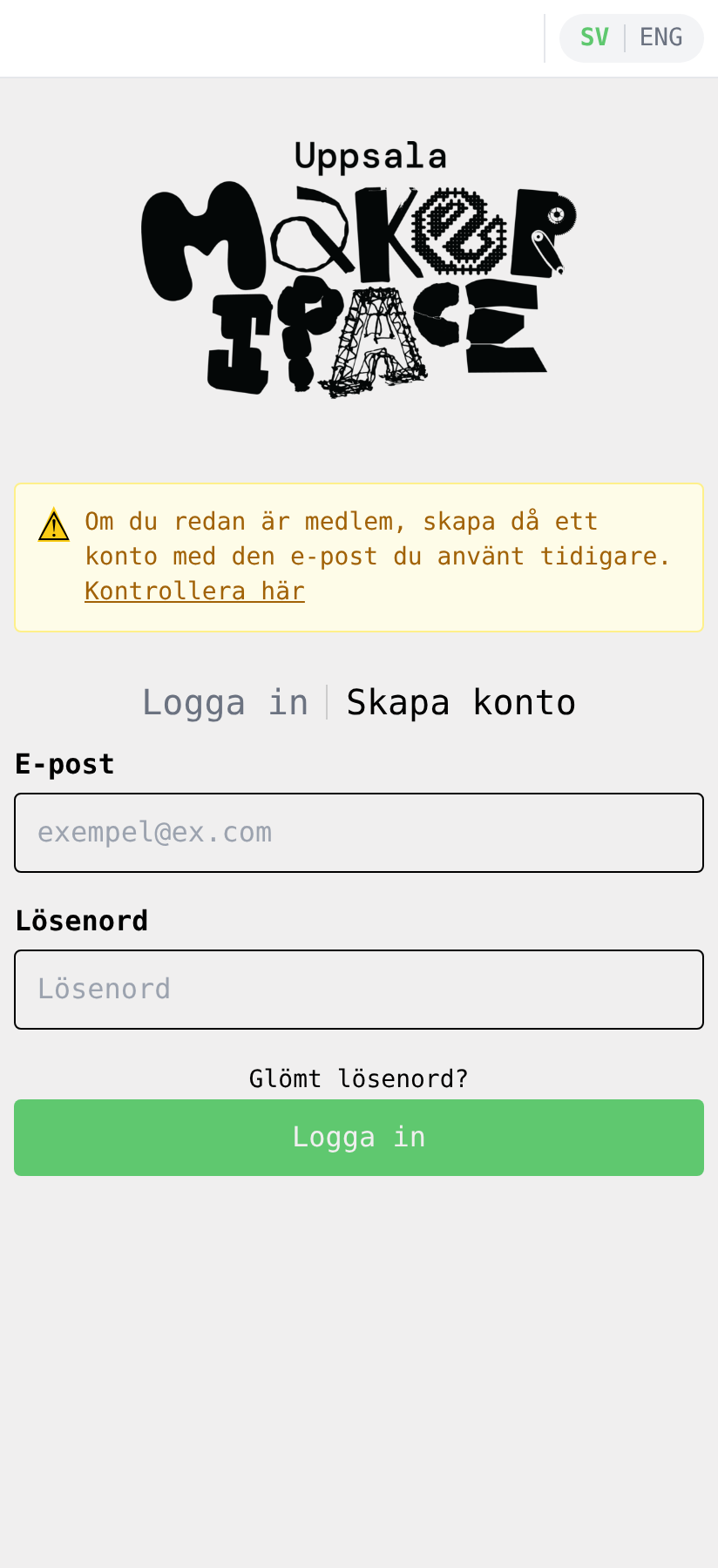 Inloggningssidan med den gula rutan