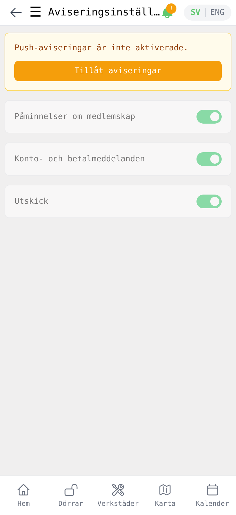 Aviseringsinställningar innan notiser är tillåtna, med knappen "Tillåt aviseringar"